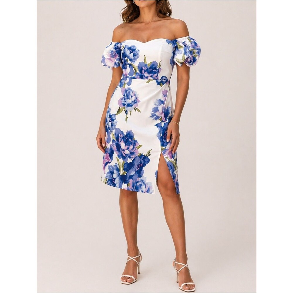NWT Eliza J Floral Dress Size 14 White Blue Off Shoulder Puff Sleeve Midi Sheath